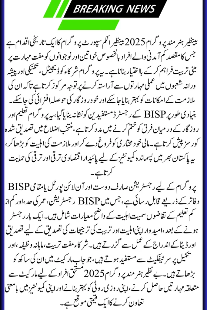 Benazir Hunarmand Program 2025 Full Guide to Benefits Eligibility and Online Application