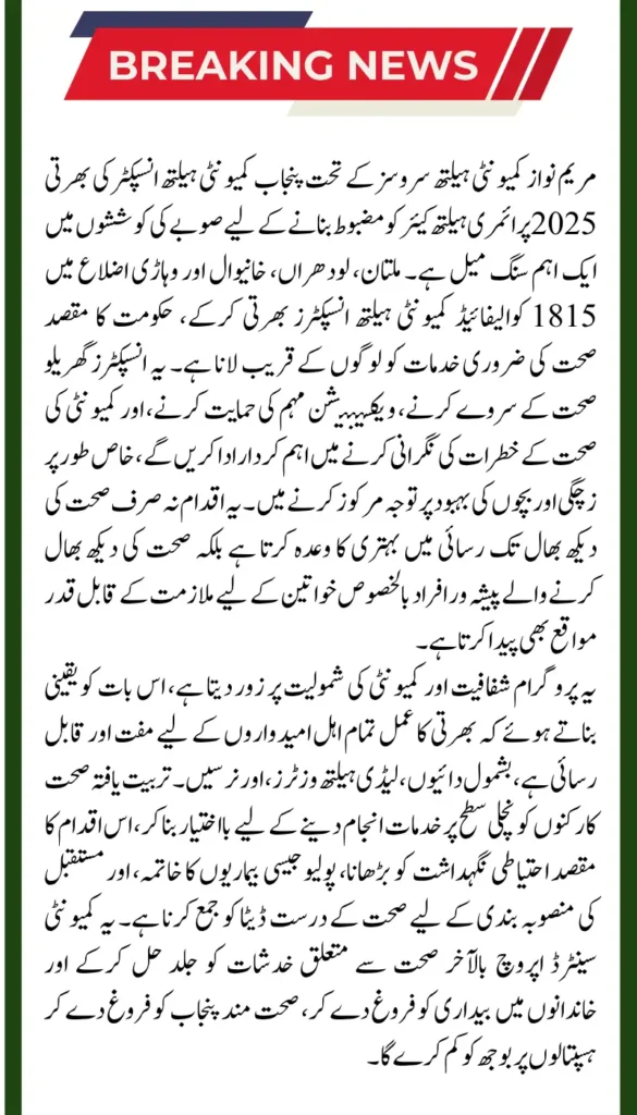 Punjab Community Health Inspector Recruitment 2025 Maryam Nawaz Health Services